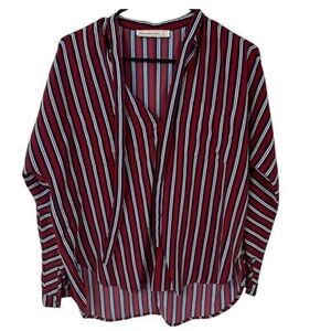Abercrombie & Fitch Womens Blouse Red Blue Sz Small Tie Neck Striped Lightweight